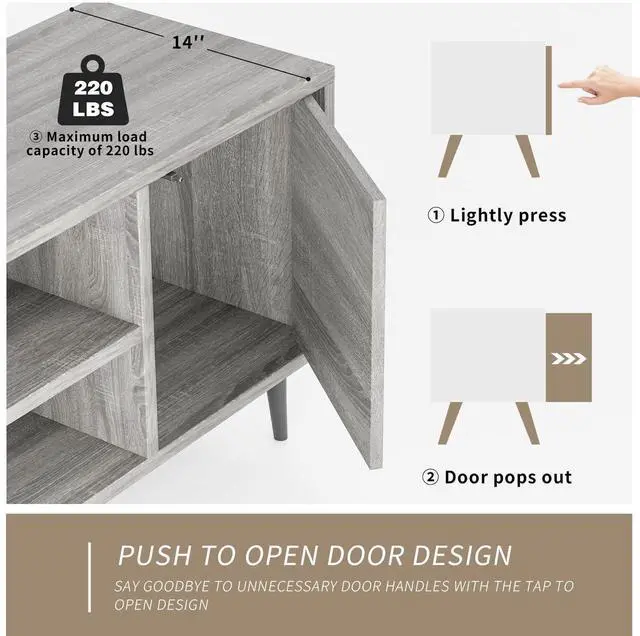 Alt view image 4 of 7 - TV Stand for 65 Inch TV, Mid Century Modern TV Stand, Entertainment Center with Storage Cabinet and Open Shelves, TV Console Table Media Cabinet for Living Room, and Bedroom (Gray)