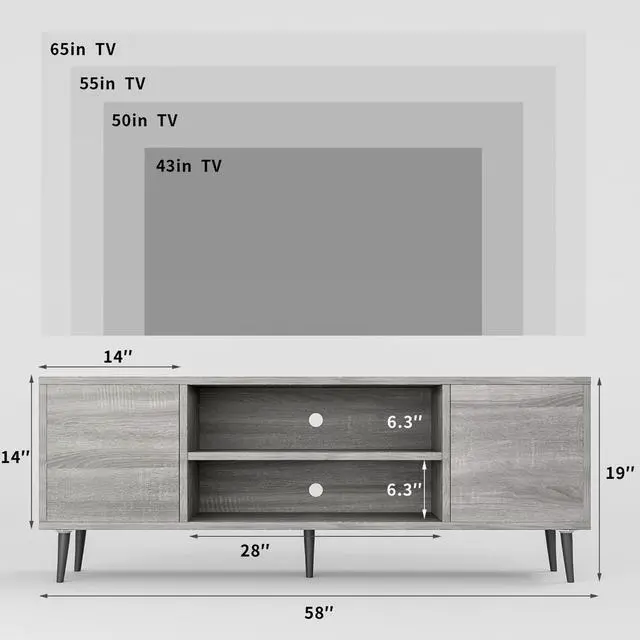 Alt view image 3 of 7 - TV Stand for 65 Inch TV, Mid Century Modern TV Stand, Entertainment Center with Storage Cabinet and Open Shelves, TV Console Table Media Cabinet for Living Room, and Bedroom (Gray)