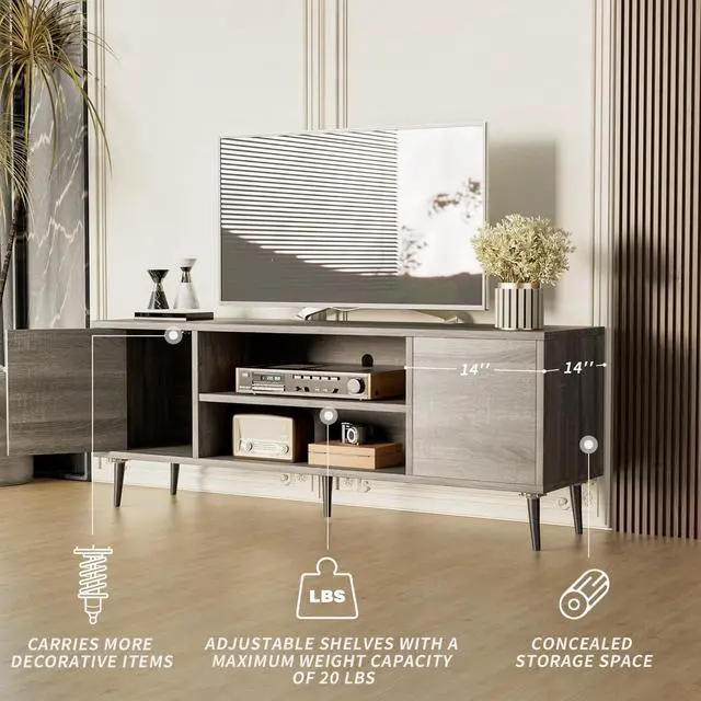 Alt view image 5 of 7 - TV Stand for 65 Inch TV, Mid Century Modern TV Stand, Entertainment Center with Storage Cabinet and Open Shelves, TV Console Table Media Cabinet for Living Room, and Bedroom (Gray)