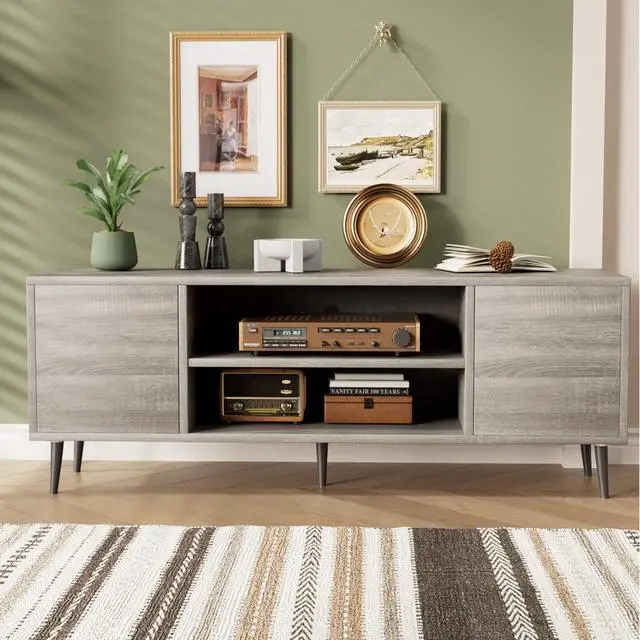 Alt view image 6 of 7 - TV Stand for 65 Inch TV, Mid Century Modern TV Stand, Entertainment Center with Storage Cabinet and Open Shelves, TV Console Table Media Cabinet for Living Room, and Bedroom (Gray)