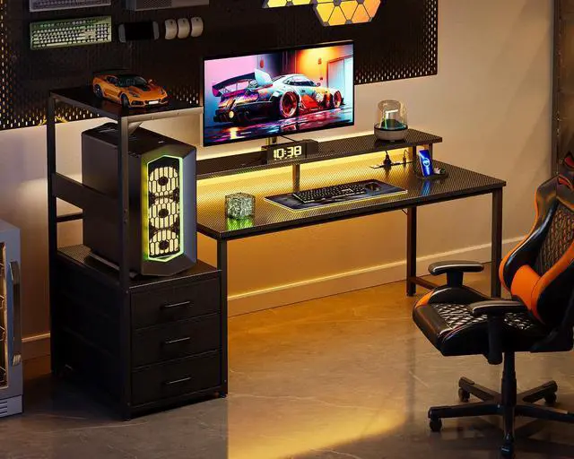 Alt view image 2 of 7 - 59 Inch Gaming Desk with USB Charging Ports & LED Light - Reversible Computer Desk with 3 Fabric Drawers, Monitor Stand, CPU Stand, Modern Office Desk, Pure Black