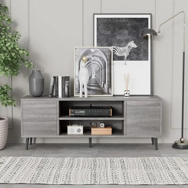 Alt view image 7 of 7 - TV Stand for 65 Inch TV, Mid Century Modern TV Stand, Entertainment Center with Storage Cabinet and Open Shelves, TV Console Table Media Cabinet for Living Room, and Bedroom (Gray)