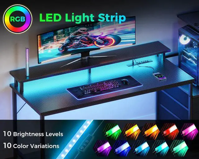 Alt view image 5 of 7 - 59 Inch Gaming Desk with USB Charging Ports & LED Light - Reversible Computer Desk with 3 Fabric Drawers, Monitor Stand, CPU Stand, Modern Office Desk, Pure Black