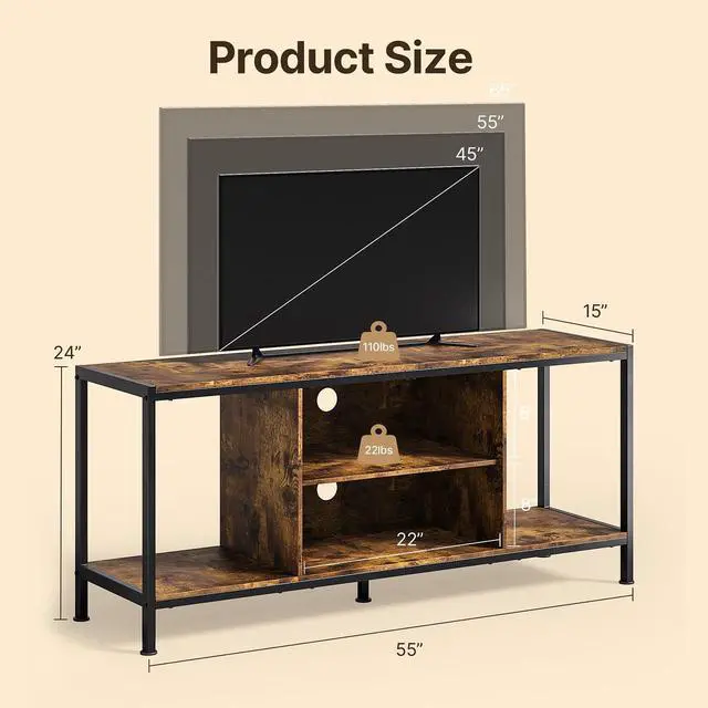 Alt view image 6 of 7 - TV Stand for TVs up to 65 Inch,Entertainment Center with Open Storage Shelves, TV Media Console Table for Living Room and Bedroom, Rustic Brown