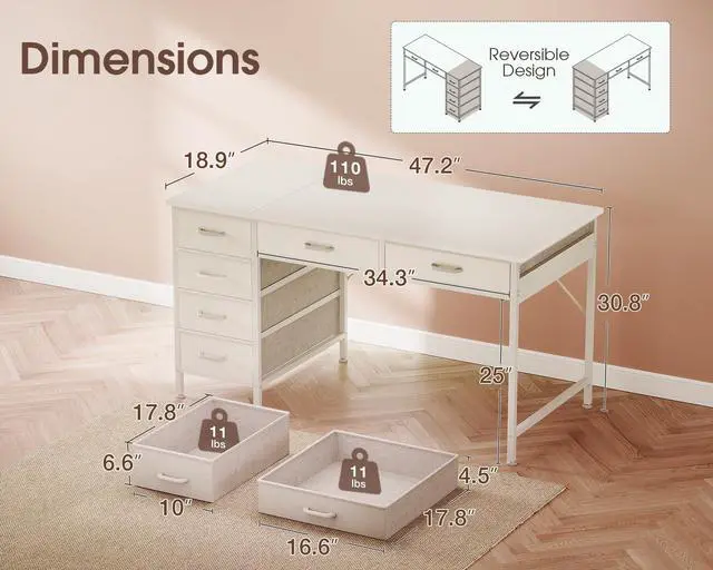 Alt view image 3 of 7 - 48 Inch Computer Desk with 6 Drawers, Reversible Storage Desk for Home Office, Work Study Table for Bedroom, White