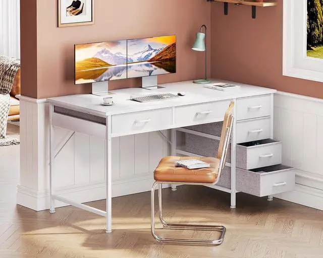 Alt view image 2 of 7 - 48 Inch Computer Desk with 6 Drawers, Reversible Storage Desk for Home Office, Work Study Table for Bedroom, White