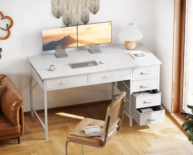 Alt view image 6 of 7 - 48 Inch Computer Desk with 6 Drawers, Reversible Storage Desk for Home Office, Work Study Table for Bedroom, White