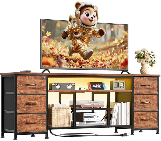 Main image of LED TV Stand for 65, 70 Inch TV, 63 Inch Entertainment Center with Power Outlets, 6 Fabric Drawers Dresser for Bedroom, Media Console with Open Shelves, Rustic Brown