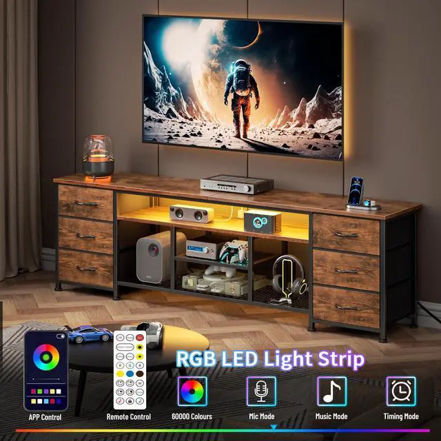 Alt view image 3 of 7 - LED TV Stand for 65, 70 Inch TV, 63 Inch Entertainment Center with Power Outlets, 6 Fabric Drawers Dresser for Bedroom, Media Console with Open Shelves, Rustic Brown