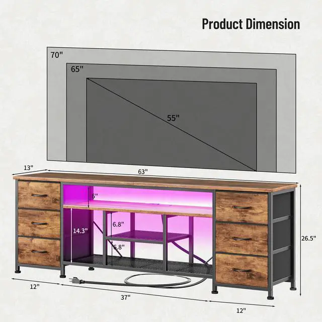 Alt view image 2 of 7 - LED TV Stand for 65, 70 Inch TV, 63 Inch Entertainment Center with Power Outlets, 6 Fabric Drawers Dresser for Bedroom, Media Console with Open Shelves, Rustic Brown
