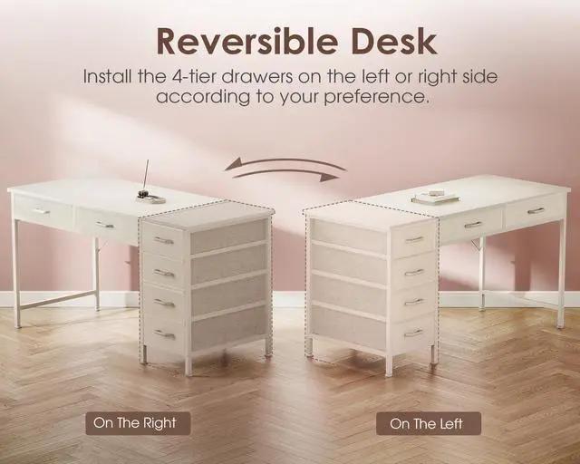Alt view image 7 of 7 - 48 Inch Computer Desk with 6 Drawers, Reversible Storage Desk for Home Office, Work Study Table for Bedroom, White