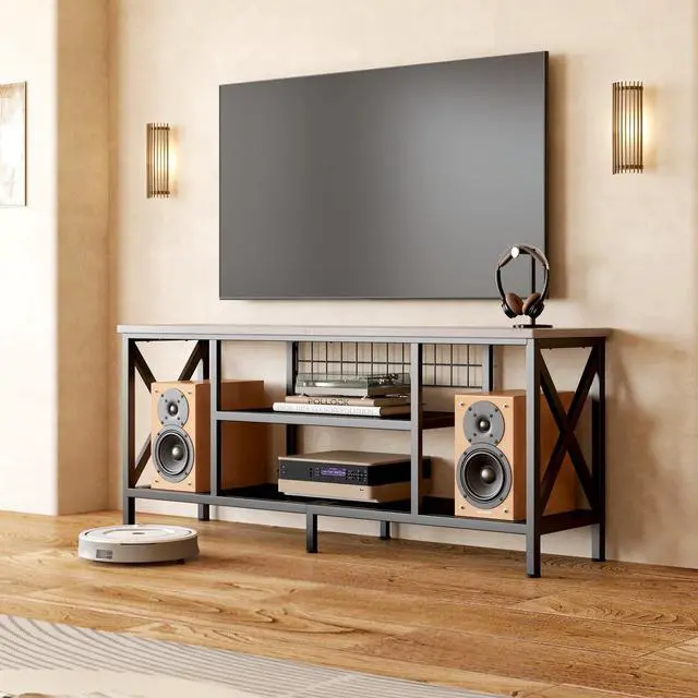 Alt view image 7 of 7 - TV Stand for 55-65 Inch TVs, 3-Tier Industrial Media Entertainment Center with Open Shelves, Metal Frame, 59.8'' Solid Wood Table top for Living Room, Bedroom, Office, Grey
