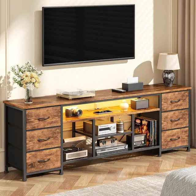 Alt view image 5 of 7 - LED TV Stand for 65, 70 Inch TV, 63 Inch Entertainment Center with Power Outlets, 6 Fabric Drawers Dresser for Bedroom, Media Console with Open Shelves, Rustic Brown