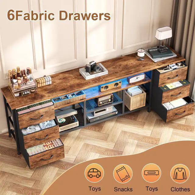 Alt view image 4 of 7 - LED TV Stand for 65, 70 Inch TV, 63 Inch Entertainment Center with Power Outlets, 6 Fabric Drawers Dresser for Bedroom, Media Console with Open Shelves, Rustic Brown