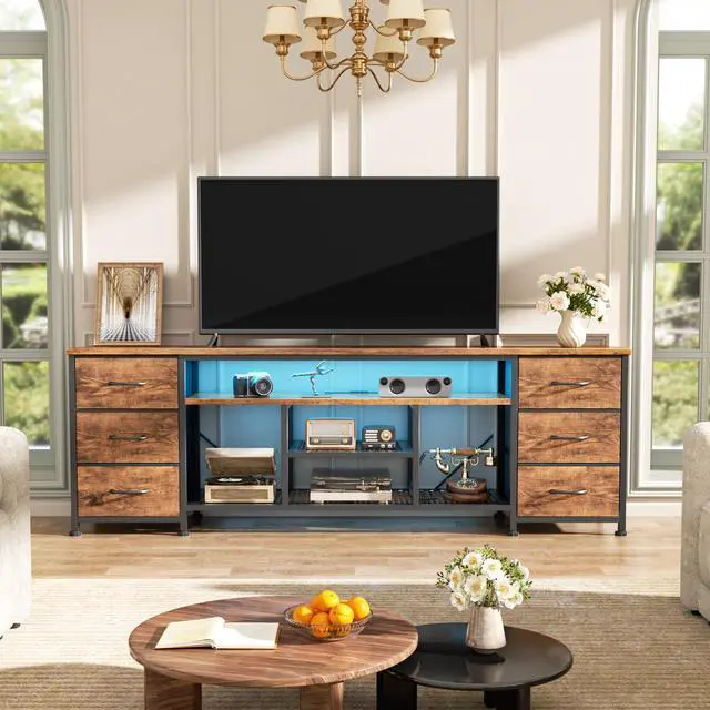 Alt view image 6 of 7 - LED TV Stand for 65, 70 Inch TV, 63 Inch Entertainment Center with Power Outlets, 6 Fabric Drawers Dresser for Bedroom, Media Console with Open Shelves, Rustic Brown