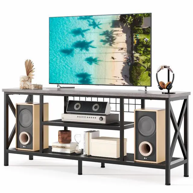 Main image of TV Stand for 55-65 Inch TVs, 3-Tier Industrial Media Entertainment Center with Open Shelves, Metal Frame, 59.8'' Solid Wood Table top for Living Room, Bedroom, Office, Grey