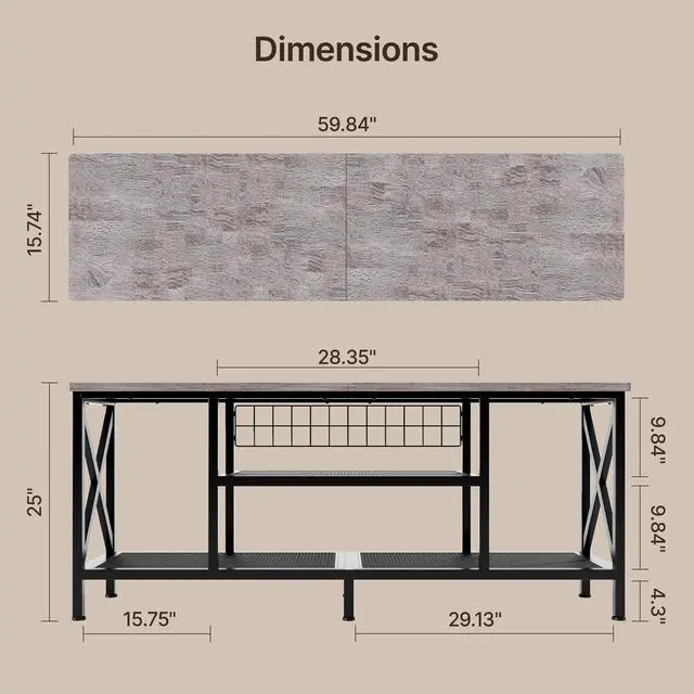 Alt view image 2 of 7 - TV Stand for 55-65 Inch TVs, 3-Tier Industrial Media Entertainment Center with Open Shelves, Metal Frame, 59.8'' Solid Wood Table top for Living Room, Bedroom, Office, Grey