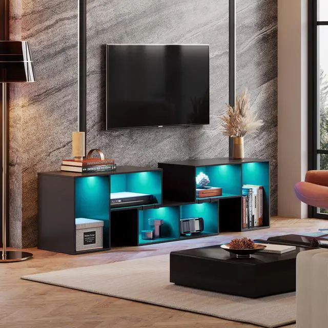Alt view image 3 of 7 - TV Stand, Deformable TV Stand with LED Strip, Modern Entertainment Center, Gaming Media 3 Pieces Console Cabinet for Living Room, Bedroom, Black