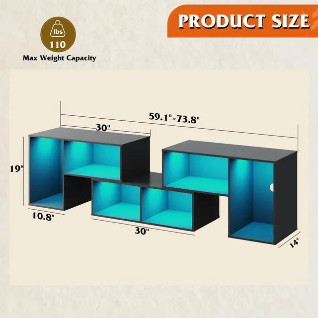 Alt view image 2 of 7 - TV Stand, Deformable TV Stand with LED Strip, Modern Entertainment Center, Gaming Media 3 Pieces Console Cabinet for Living Room, Bedroom, Black