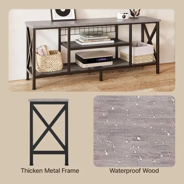 Alt view image 4 of 7 - TV Stand for 55-65 Inch TVs, 3-Tier Industrial Media Entertainment Center with Open Shelves, Metal Frame, 59.8'' Solid Wood Table top for Living Room, Bedroom, Office, Grey
