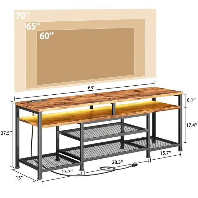 Alt view image 2 of 7 - TV Stand with Power Outlets and LED Lights, 63 Inch Entertainment Center for 60 65 70 Inch TVs, Media Console Table with Open Shelves, for Bedroom, Living Room, Rustic Brown