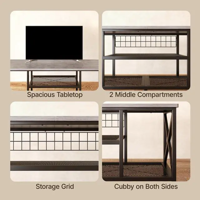 Alt view image 3 of 7 - TV Stand for 55-65 Inch TVs, 3-Tier Industrial Media Entertainment Center with Open Shelves, Metal Frame, 59.8'' Solid Wood Table top for Living Room, Bedroom, Office, Grey