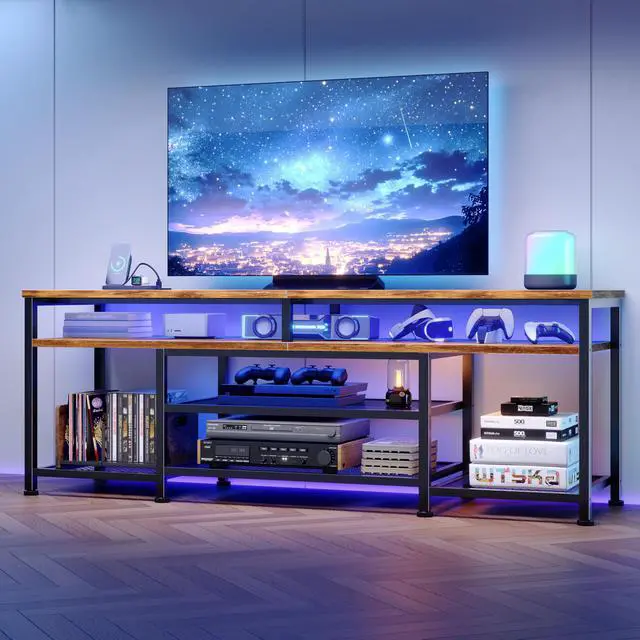 Alt view image 3 of 7 - TV Stand with Power Outlets and LED Lights, 63 Inch Entertainment Center for 60 65 70 Inch TVs, Media Console Table with Open Shelves, for Bedroom, Living Room, Rustic Brown