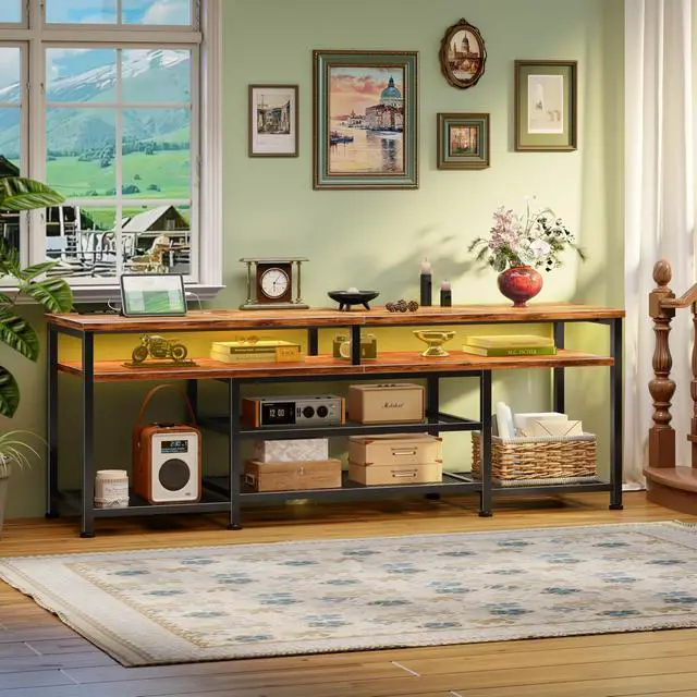 Alt view image 7 of 7 - TV Stand with Power Outlets and LED Lights, 63 Inch Entertainment Center for 60 65 70 Inch TVs, Media Console Table with Open Shelves, for Bedroom, Living Room, Rustic Brown