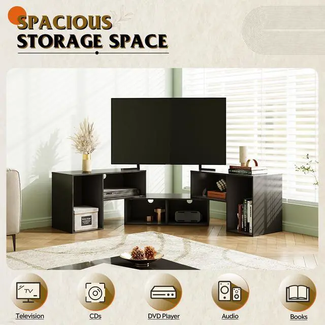 Alt view image 4 of 7 - TV Stand, Deformable TV Stand with LED Strip, Modern Entertainment Center, Gaming Media 3 Pieces Console Cabinet for Living Room, Bedroom, Black