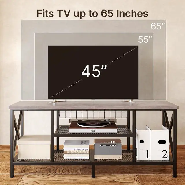 Alt view image 6 of 7 - TV Stand for 55-65 Inch TVs, 3-Tier Industrial Media Entertainment Center with Open Shelves, Metal Frame, 59.8'' Solid Wood Table top for Living Room, Bedroom, Office, Grey