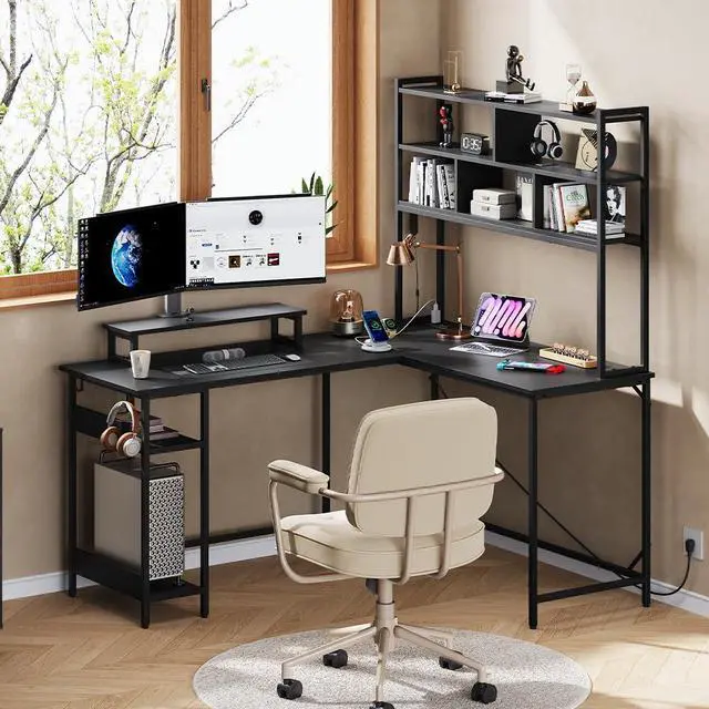 Alt view image 5 of 7 - 60 Inch L Shaped Gaming Desk with Drawers and Storage, Corner Desk with LED Lights, Power Outlets, Computer Desk with Monitor Stand, Office Desk for Home, Black