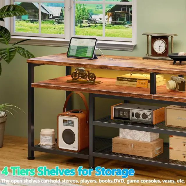Alt view image 5 of 7 - TV Stand with Power Outlets and LED Lights, 63 Inch Entertainment Center for 60 65 70 Inch TVs, Media Console Table with Open Shelves, for Bedroom, Living Room, Rustic Brown