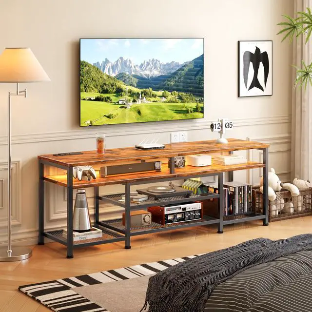 Alt view image 6 of 7 - TV Stand with Power Outlets and LED Lights, 63 Inch Entertainment Center for 60 65 70 Inch TVs, Media Console Table with Open Shelves, for Bedroom, Living Room, Rustic Brown