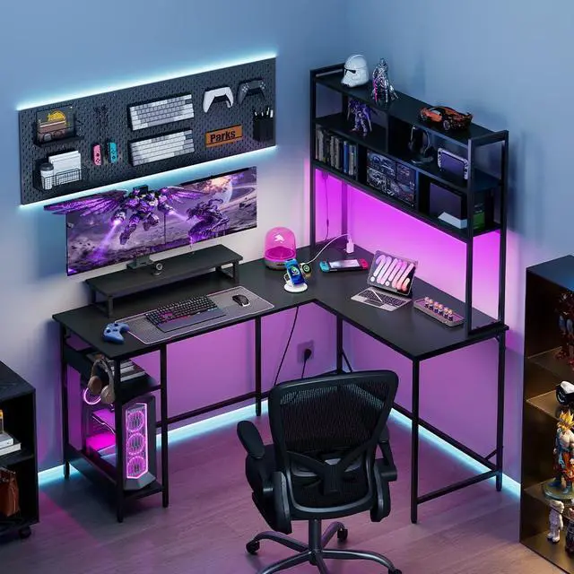 Alt view image 6 of 7 - 60 Inch L Shaped Gaming Desk with Drawers and Storage, Corner Desk with LED Lights, Power Outlets, Computer Desk with Monitor Stand, Office Desk for Home, Black