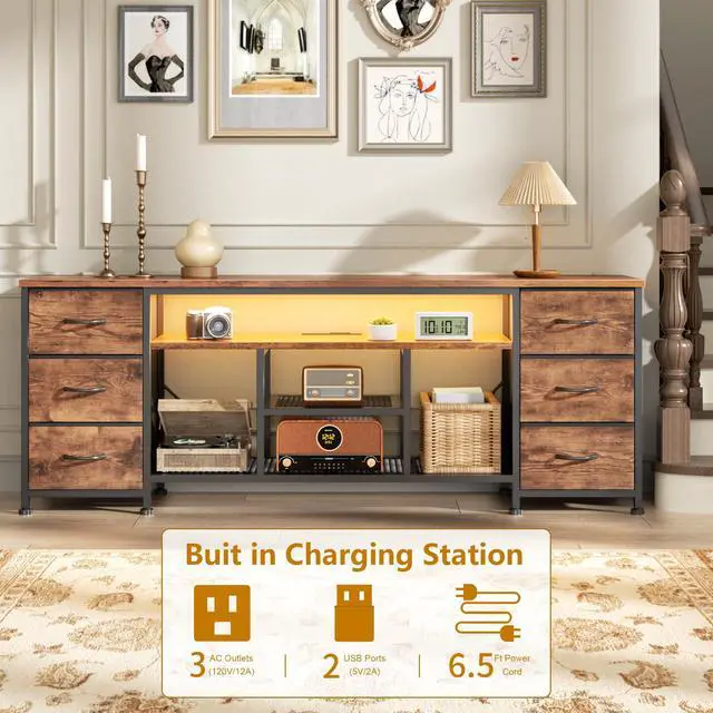 Alt view image 7 of 7 - LED TV Stand for 65, 70 Inch TV, 63 Inch Entertainment Center with Power Outlets, 6 Fabric Drawers Dresser for Bedroom, Media Console with Open Shelves, Rustic Brown