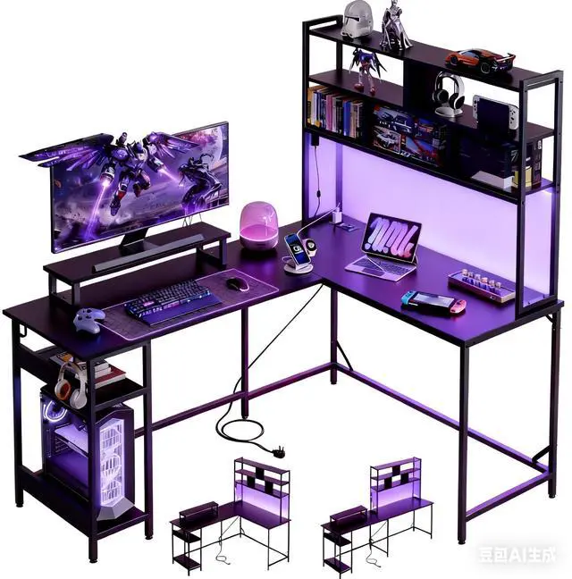 Main image of 60 Inch L Shaped Gaming Desk with Drawers and Storage, Corner Desk with LED Lights, Power Outlets, Computer Desk with Monitor Stand, Office Desk for Home, Black