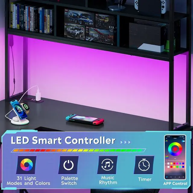 Alt view image 3 of 7 - 60 Inch L Shaped Gaming Desk with Drawers and Storage, Corner Desk with LED Lights, Power Outlets, Computer Desk with Monitor Stand, Office Desk for Home, Black