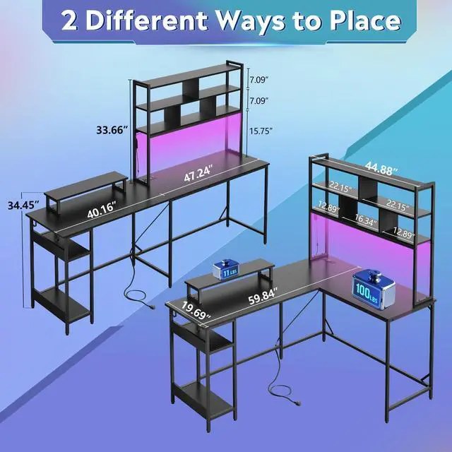 Alt view image 7 of 7 - 60 Inch L Shaped Gaming Desk with Drawers and Storage, Corner Desk with LED Lights, Power Outlets, Computer Desk with Monitor Stand, Office Desk for Home, Black