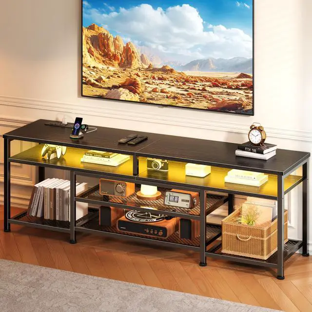 Main image of TV Stand with Power Outlets and LED Lights, 63 Inch Entertainment Center for 60 65 70 Inch TVs, Media Console Table with Open Shelves, for Bedroom, Living Room, Black