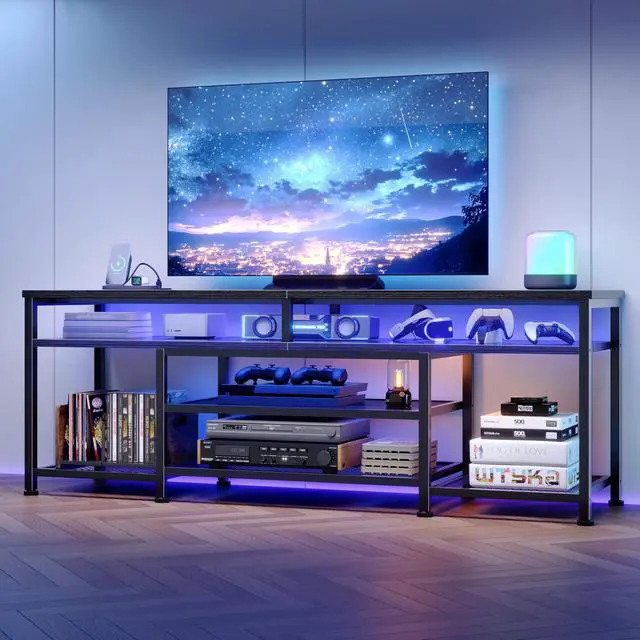 Alt view image 3 of 7 - TV Stand with Power Outlets and LED Lights, 63 Inch Entertainment Center for 60 65 70 Inch TVs, Media Console Table with Open Shelves, for Bedroom, Living Room, Black