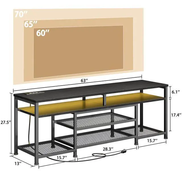Alt view image 2 of 7 - TV Stand with Power Outlets and LED Lights, 63 Inch Entertainment Center for 60 65 70 Inch TVs, Media Console Table with Open Shelves, for Bedroom, Living Room, Black