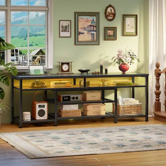 Alt view image 7 of 7 - TV Stand with Power Outlets and LED Lights, 63 Inch Entertainment Center for 60 65 70 Inch TVs, Media Console Table with Open Shelves, for Bedroom, Living Room, Black