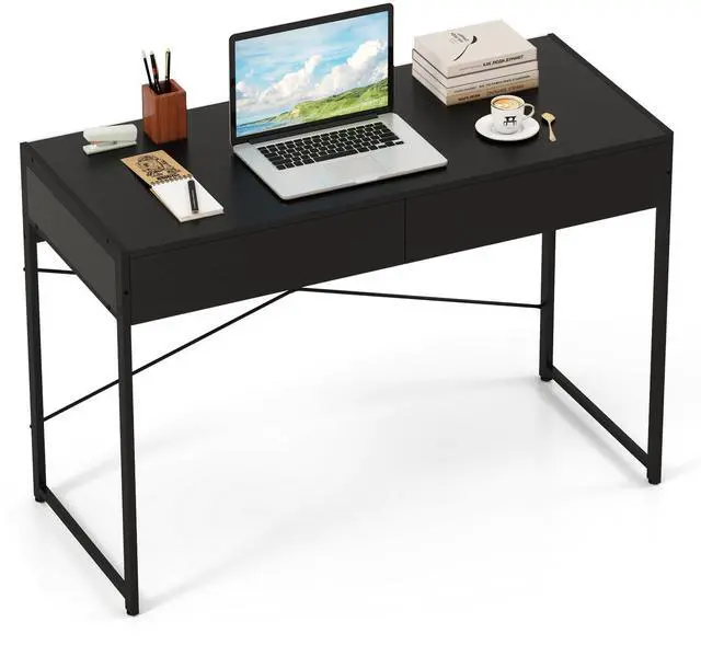 Main image of Computer Desk with 2 Drawers, 44 Inch Home Office Desk with Metal Frame & Anti-Toppling Device, Modern Writing Desk Study Desk, Compact Laptop PC Desk for Small Space (Black)
