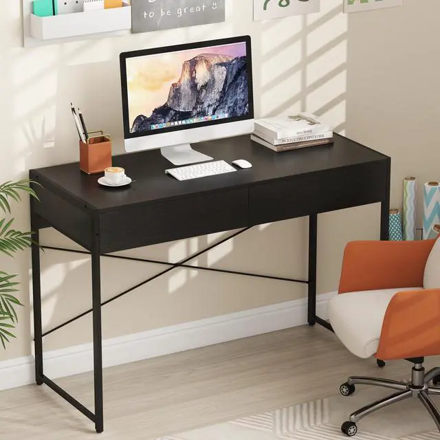 Alt view image 2 of 7 - Computer Desk with 2 Drawers, 44 Inch Home Office Desk with Metal Frame & Anti-Toppling Device, Modern Writing Desk Study Desk, Compact Laptop PC Desk for Small Space (Black)