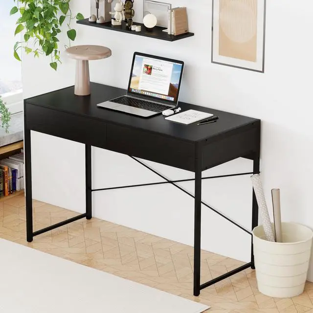 Alt view image 3 of 7 - Computer Desk with 2 Drawers, 44 Inch Home Office Desk with Metal Frame & Anti-Toppling Device, Modern Writing Desk Study Desk, Compact Laptop PC Desk for Small Space (Black)