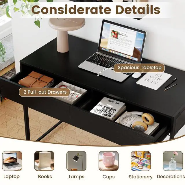 Alt view image 5 of 7 - Computer Desk with 2 Drawers, 44 Inch Home Office Desk with Metal Frame & Anti-Toppling Device, Modern Writing Desk Study Desk, Compact Laptop PC Desk for Small Space (Black)