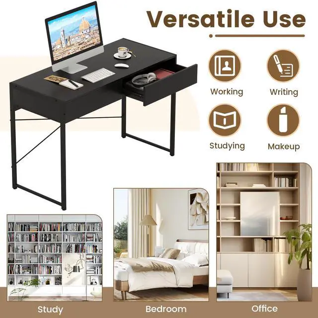 Alt view image 6 of 7 - Computer Desk with 2 Drawers, 44 Inch Home Office Desk with Metal Frame & Anti-Toppling Device, Modern Writing Desk Study Desk, Compact Laptop PC Desk for Small Space (Black)