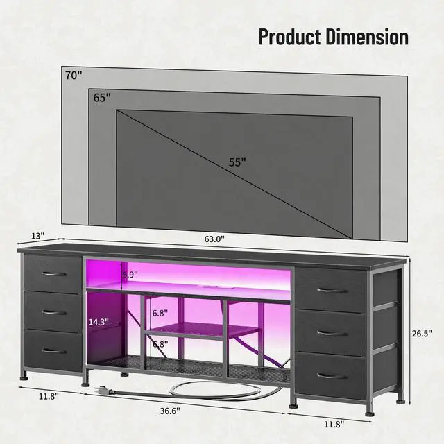 Alt view image 2 of 7 - LED TV Stand for 65, 70 Inch TV, 63 Inch Entertainment Center with Power Outlets, 6 Fabric Drawers Dresser for Bedroom, Media Console with Open Shelves, PU Leather Surface, Black