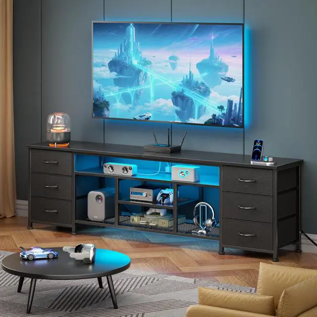 Alt view image 3 of 7 - LED TV Stand for 65, 70 Inch TV, 63 Inch Entertainment Center with Power Outlets, 6 Fabric Drawers Dresser for Bedroom, Media Console with Open Shelves, PU Leather Surface, Black
