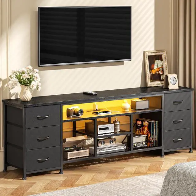 Alt view image 6 of 7 - LED TV Stand for 65, 70 Inch TV, 63 Inch Entertainment Center with Power Outlets, 6 Fabric Drawers Dresser for Bedroom, Media Console with Open Shelves, PU Leather Surface, Black